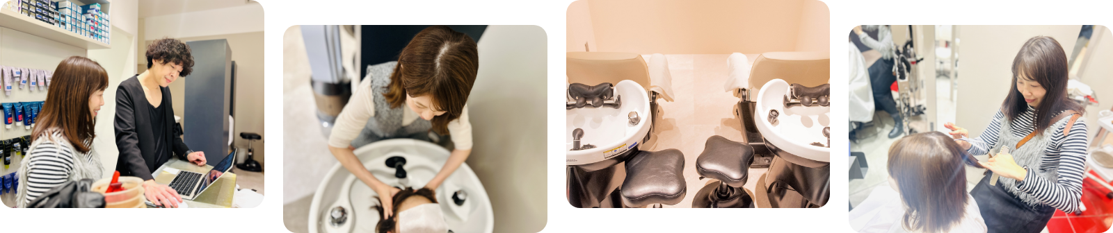 ライフスタイルに寄り添った施術の様子。美容師が年配女性の髪をスタイリングする、シャンプー、シャンプー台、カットの4つのシーンのコラージュ